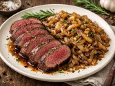 Seared Venison Backstrap With Caramelized Onions And Rosemary