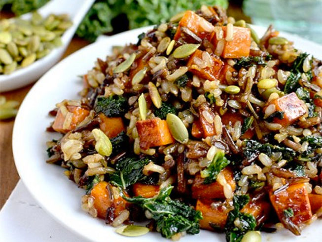Caramelized Sweet Potato and Kale Fried Wild Rice
