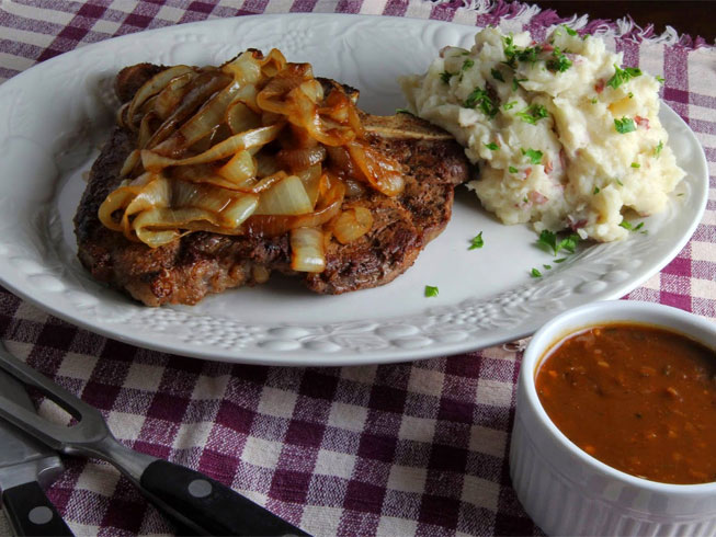 Cast Iron Skillet Steaks with Gumbo Gravy, Caramelized Onions and Kicked-Up Mashed Red Potatoes