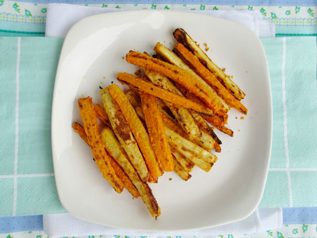 Hummus Coated Carrot and Parsnip Fries