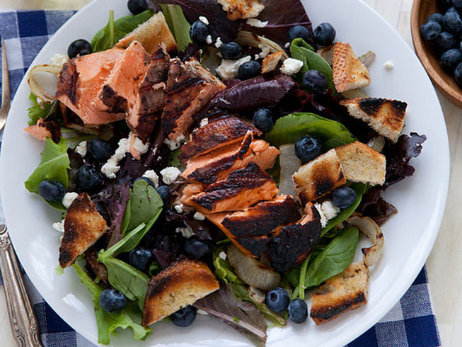 Grilled Salmon Salad with Blueberry Vinaigrette and Goat Cheese