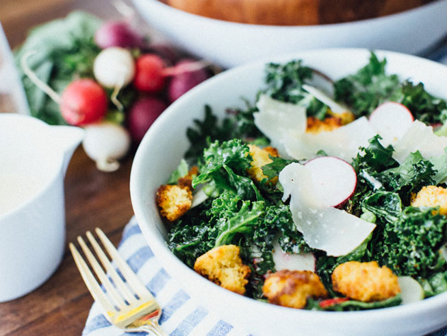 Kale Caesar Salad with Cornbread Bits
