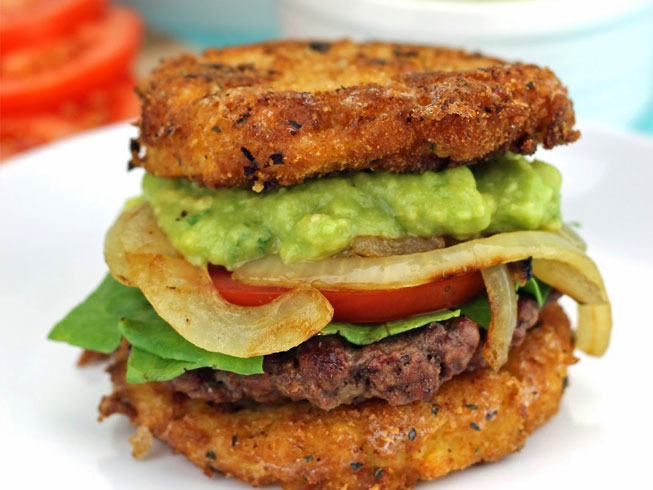 Mac and Cheese Burgers with Guacamole and Grilled Onions