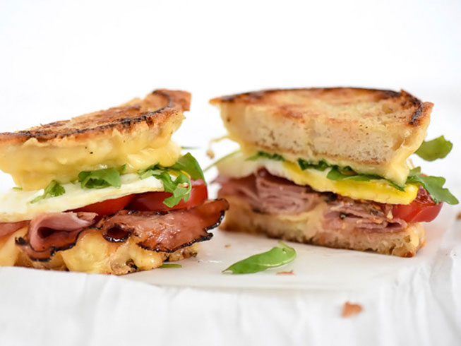 Ham and Smoked Gouda Grilled Cheese Breakfast Sandwich