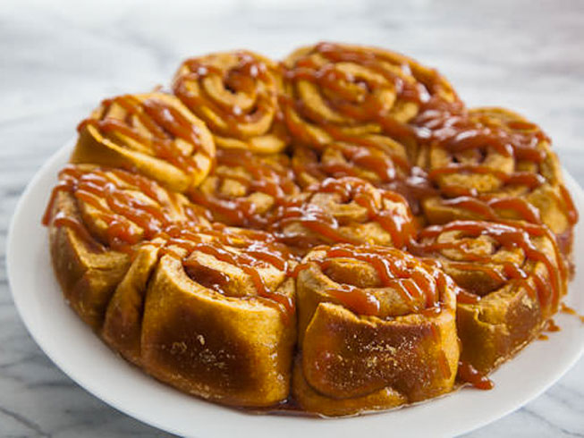 Pumpkin Cinnamon Rolls with Easy Caramel Cream Cheese Drizzle