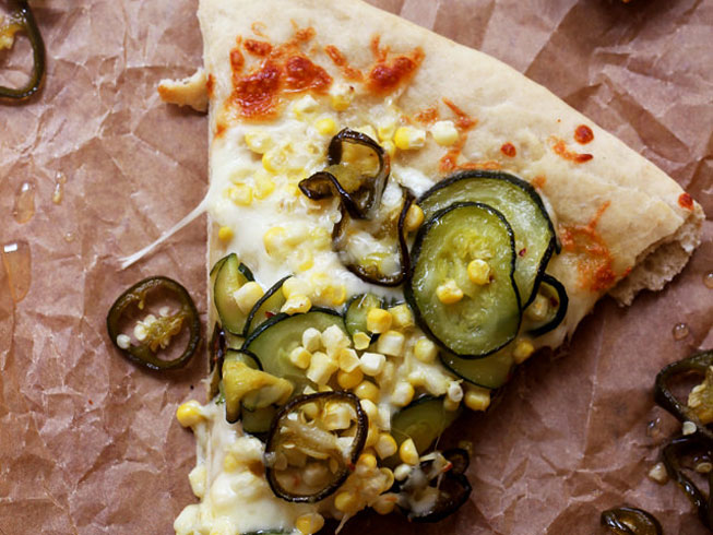 Corn, Zucchini, and Candied Jalapeno Pizza