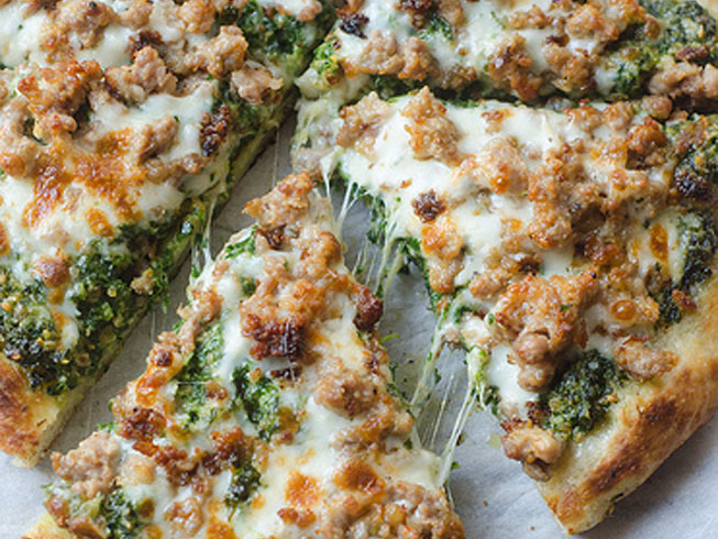Skillet Sausage and Kale Pesto Pizza