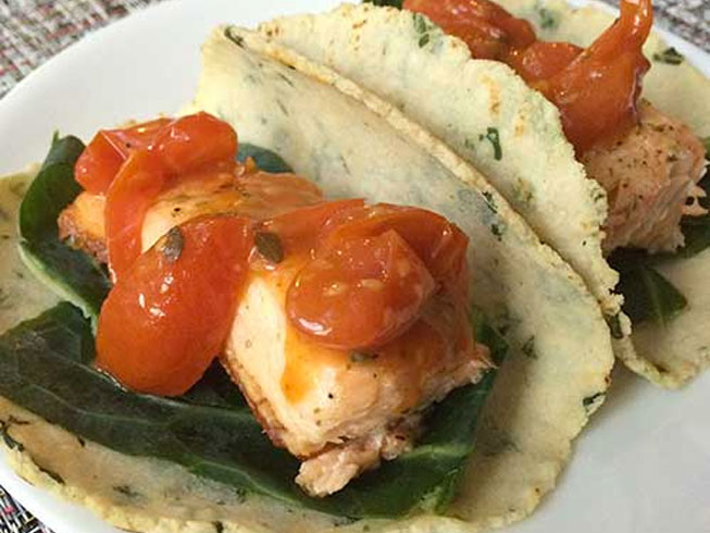 Salmon Tacos with Kale, Collards, and Lemon-Tomato Vinaigrette