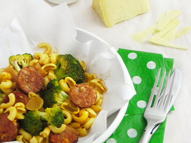 Kielbasa, Purple Onion and Broccoli Pasta