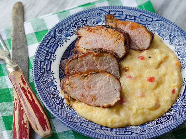 BBQ Glazed Pork Tenderloin over Pimento Cheese Grits