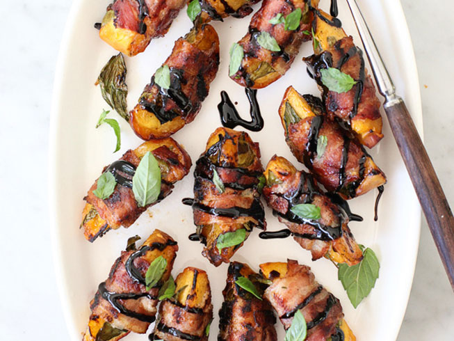 Bacon Wrapped Grilled Peaches with Balsamic Glaze