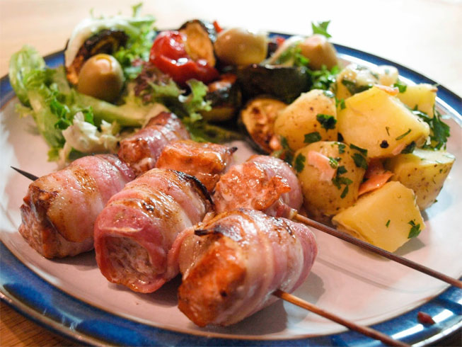 Bacon-wrapped Trout kebabs with Gravadlax Potato Salad