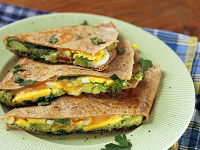 Breakfast quesadillas with smashed avocado, eggs and spinach {vegetarian}