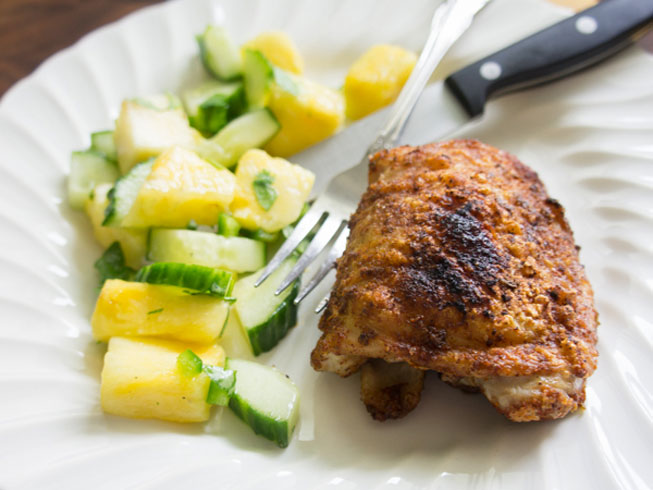 Chili Lime Broiled Chicken Thighs with Pineapple Cucumber Salad
