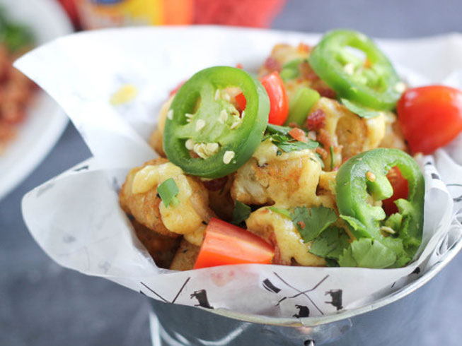 Loaded Tots with Homemade Nacho Cheddar Sauce
