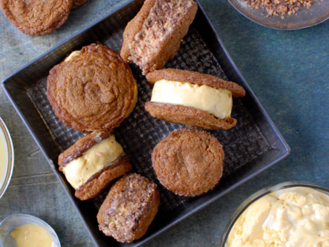 Chewy Ginger Snap Pumpkin-Salted Caramel Ice Cream Sandwiches with Heath Bar Bits