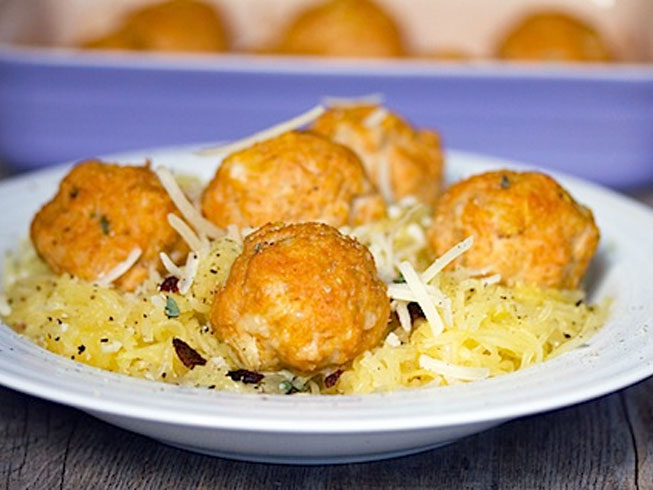 Garlicky Spaghetti Squash with Pumpkin Chicken Meatballs