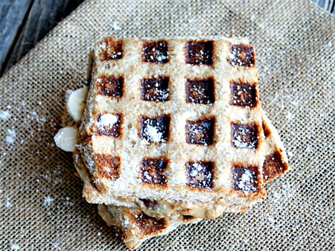 Nutella, Peanut Butter, and Banana stuffed French Toast Waffles