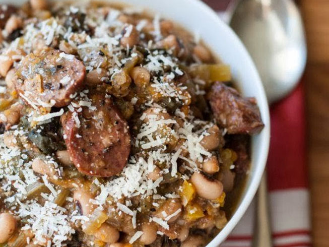 Slow Cooker Sausage and Black-Eyed Pea Stew with Beet Greens from On Top of Spaghetti