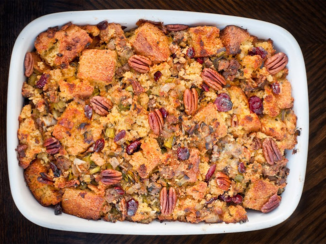 Cornbread Sausage Stuffing with Leeks, Pecans, and Dried Cranberries (Gluten-Free)